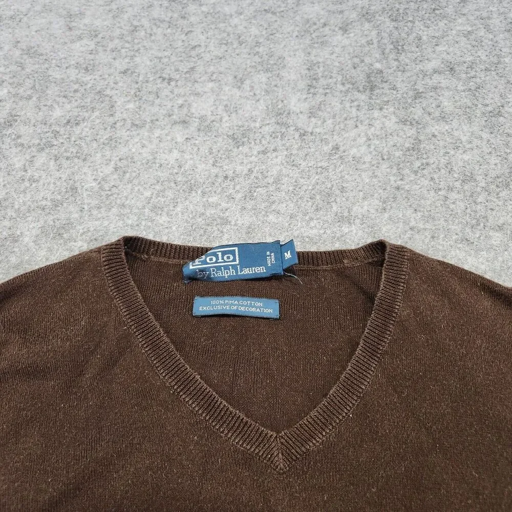 Polo Ralph Lauren PRL Mens M Medium 100% Pima Cotton Knit V Neck Sweater‎ Brown